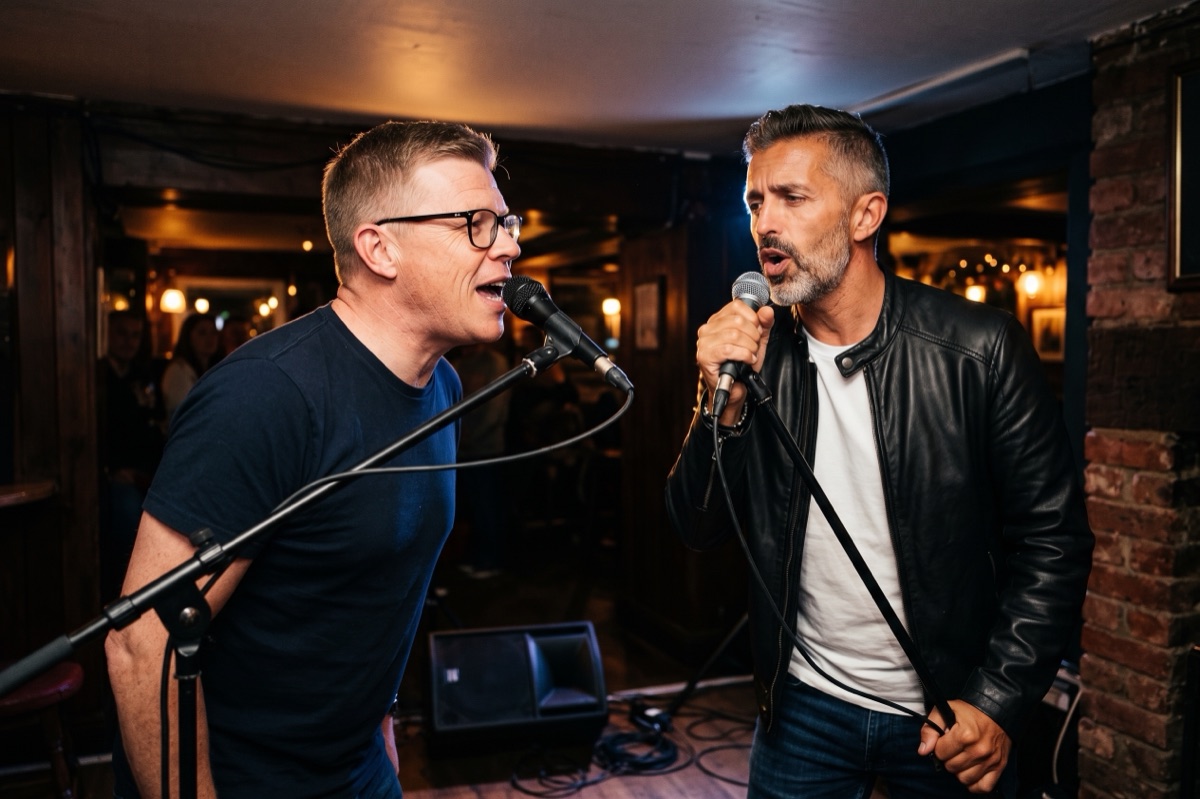 Alistair James and Dylan Morris singing at the mics