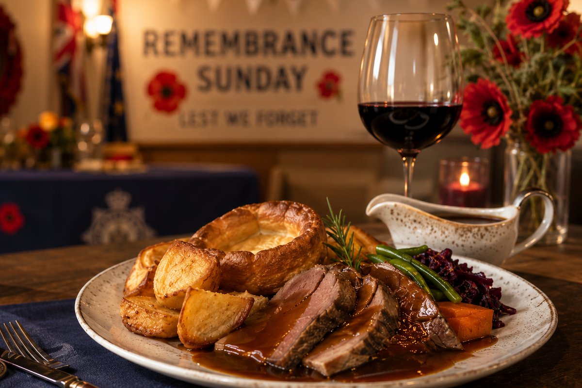 A Remembrance Sunday table: a carvery plate, a poppy, and Lest We Forget bunting