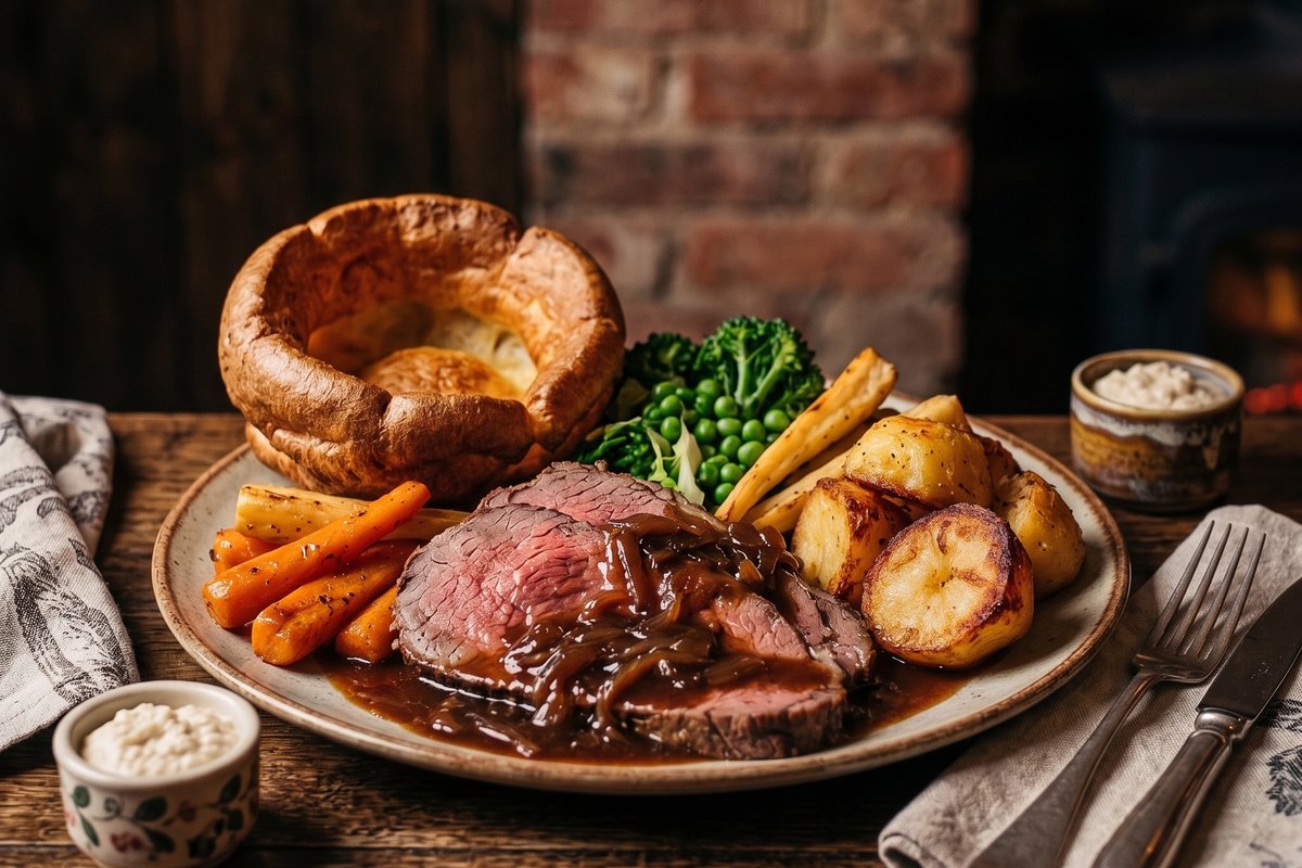 A carvery plate: roast beef and gravy, Yorkshire pudding, roast potatoes and vegetables